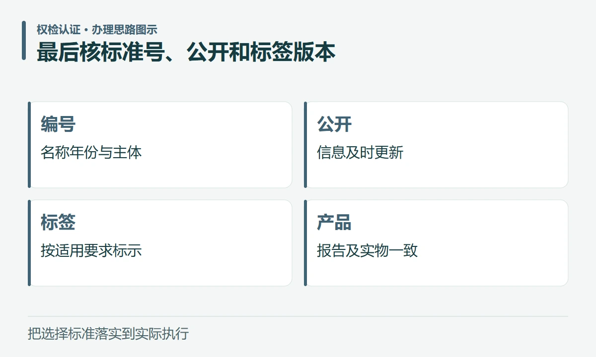 最后核标准号、公开和标签版本:编号,名称年份与主体;公开,信息及时更新;标签,按适用要求标示;产品,报告及实物一致