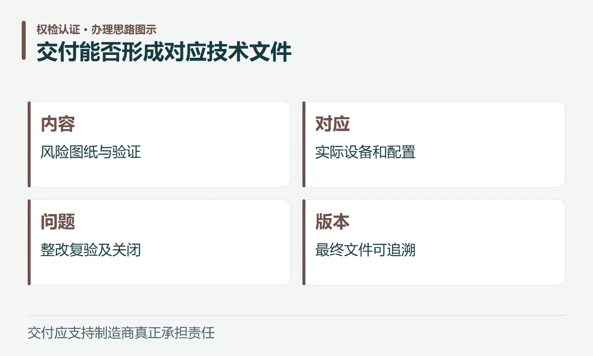 交付能否形成对应技术文件:内容,风险图纸与验证;对应,实际设备和配置;问题,整改复验及关闭;版本,最终文件可追溯