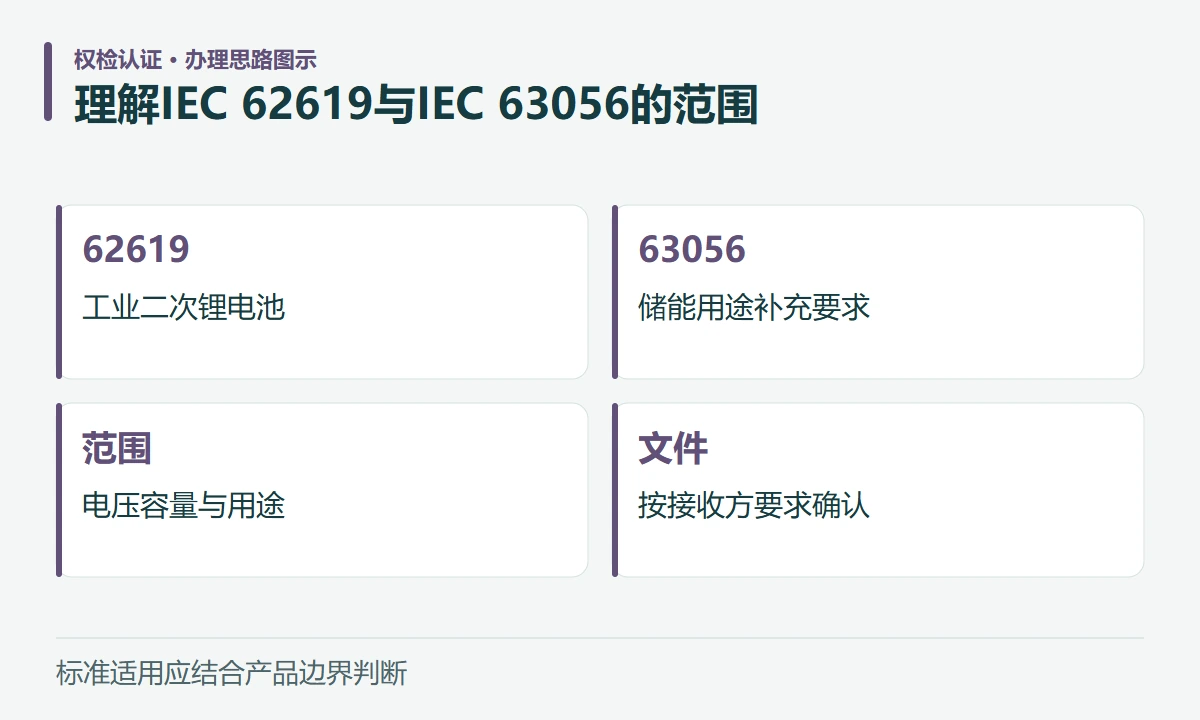 理解IEC 62619与IEC 63056的范围:62619,工业二次锂电池;63056,储能用途补充要求;范围,电压容量与用途;文件,按接收方要求确认