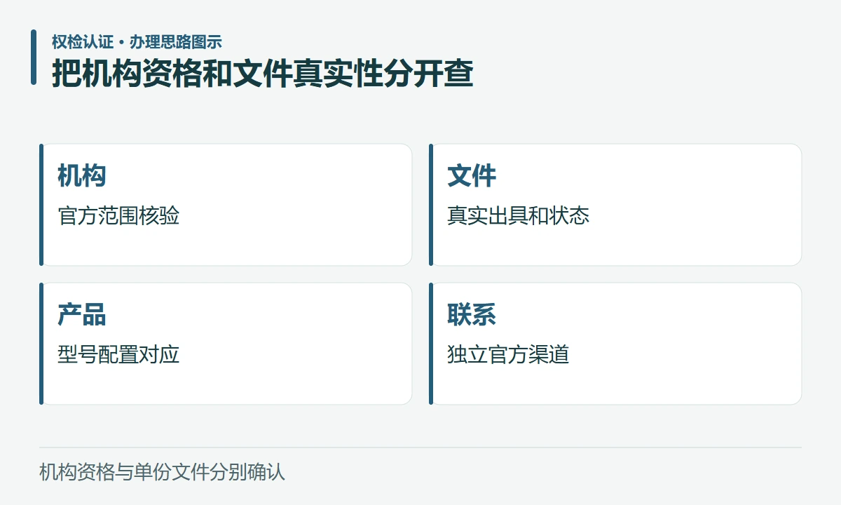把机构资格和文件真实性分开查:机构,官方范围核验;文件,真实出具和状态;产品,型号配置对应;联系,独立官方渠道