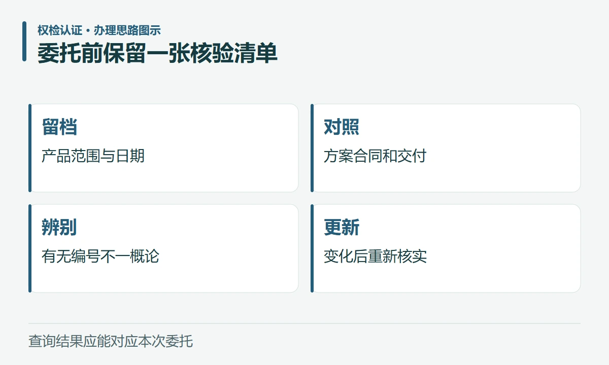 委托前保留一张核验清单:留档,产品范围与日期;对照,方案合同和交付;辨别,有无编号不一概论;更新,变化后重新核实