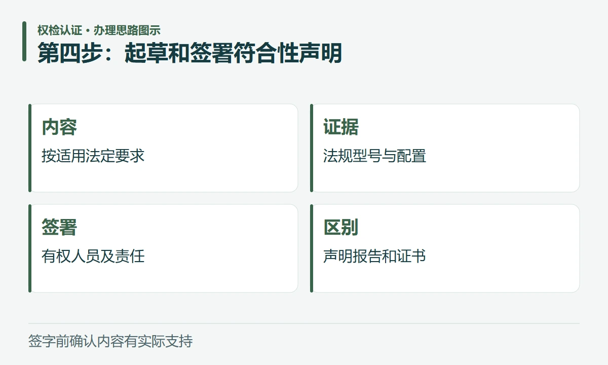 第四步:起草和签署符合性声明:内容,按适用法定要求;证据,法规型号与配置;签署,有权人员及责任;区别,声明报告和证书