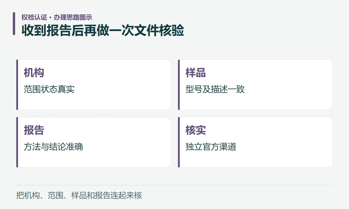 收到报告后再做一次文件核验:机构,范围状态真实;样品,型号及描述一致;报告,方法与结论准确;核实,独立官方渠道