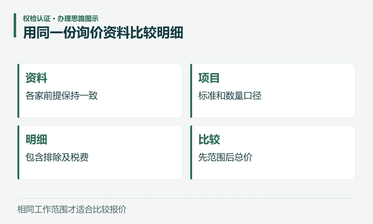 用同一份询价资料比较明细:资料,各家前提保持一致;项目,标准和数量口径;明细,包含排除及税费;比较,先范围后总价