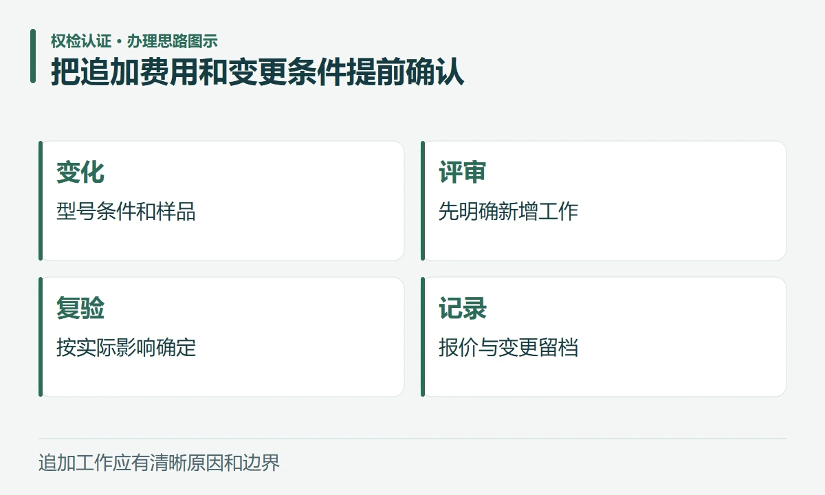 把追加费用和变更条件提前确认:变化,型号条件和样品;评审,先明确新增工作;复验,按实际影响确定;记录,报价与变更留档