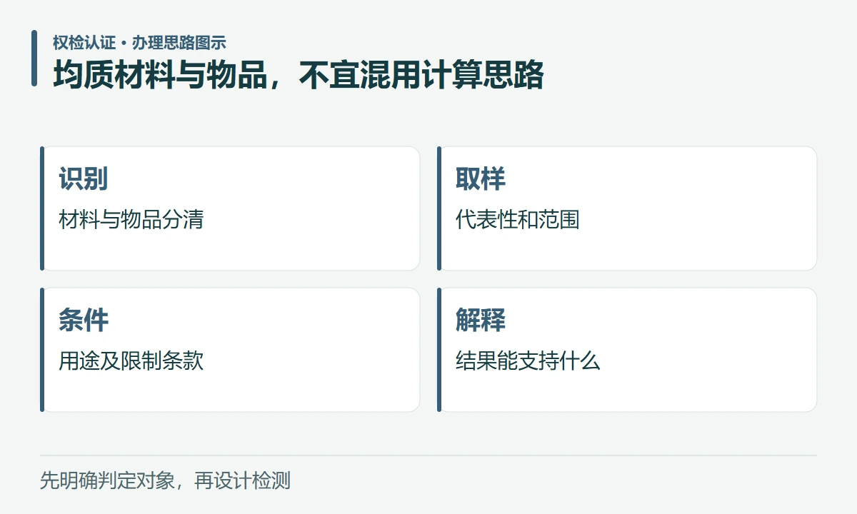 均质材料与物品,不宜混用计算思路:识别,材料与物品分清;取样,代表性和范围;条件,用途及限制条款;解释,结果能支持什么
