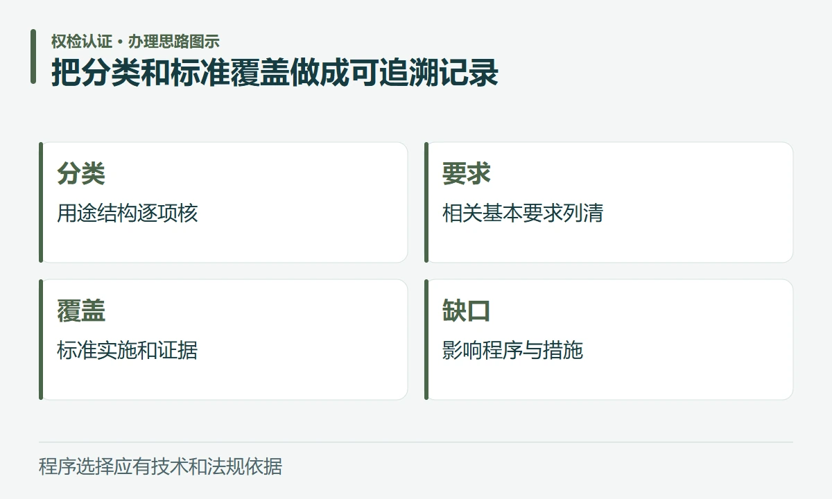 把分类和标准覆盖做成可追溯记录:分类,用途结构逐项核;要求,相关基本要求列清;覆盖,标准实施和证据;缺口,影响程序与措施