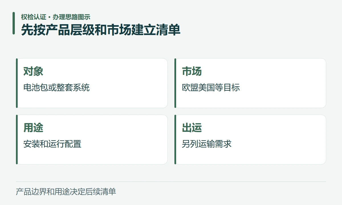 先按产品层级和市场建立清单:对象,电池包或整套系统;市场,欧盟美国等目标;用途,安装和运行配置;出运,另列运输需求