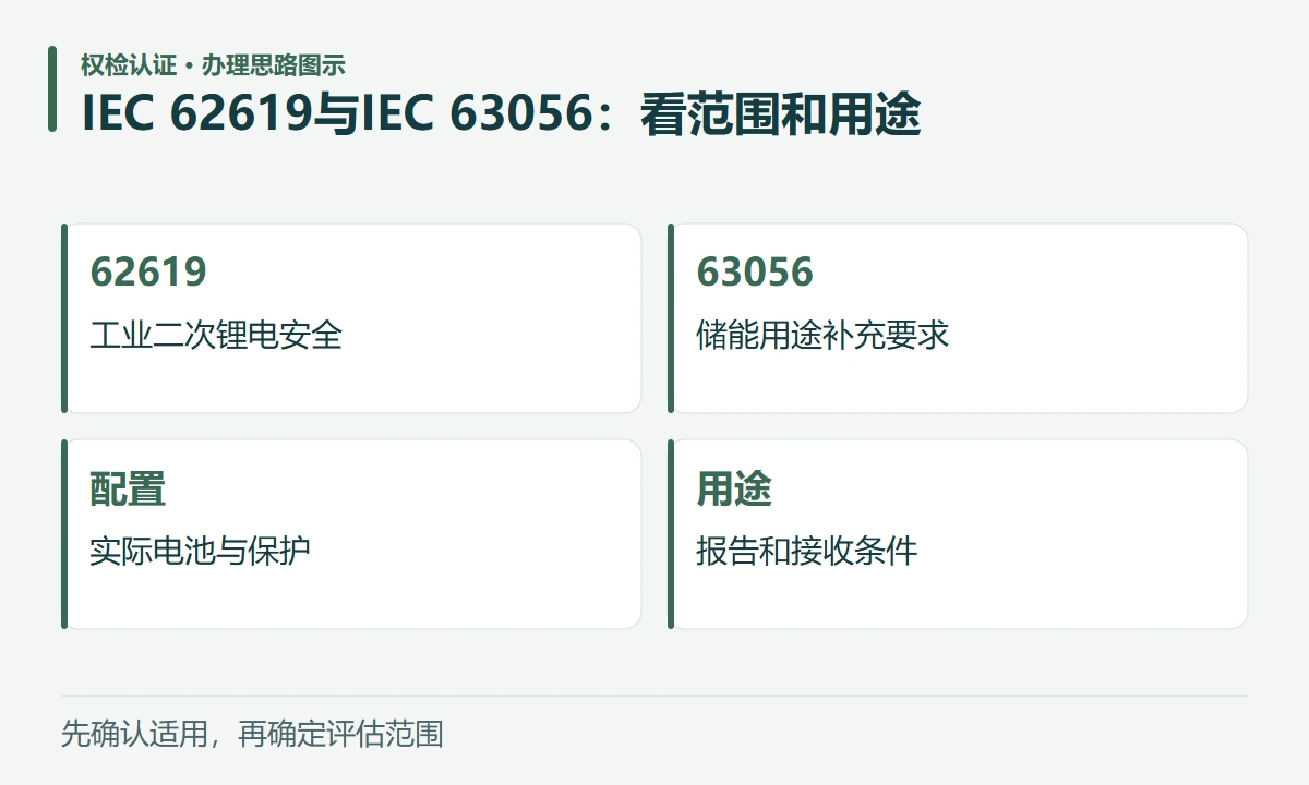 IEC 62619与IEC 63056:看范围和用途:62619,工业二次锂电安全;63056,储能用途补充要求;配置,实际电池与保护;用途,报告和接收条件