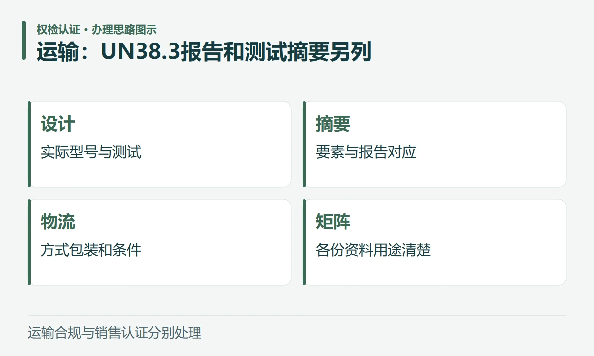 运输:UN38.3报告和测试摘要另列:设计,实际型号与测试;摘要,要素与报告对应;物流,方式包装和条件;矩阵,各份资料用途清楚