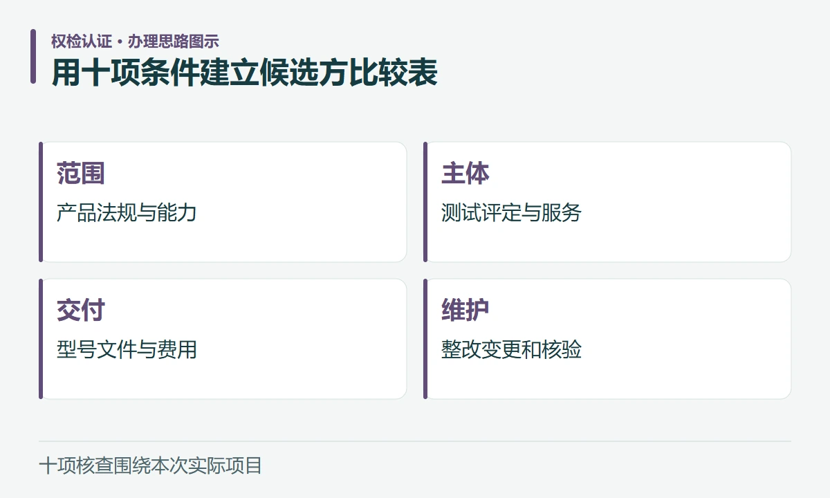 用十项条件建立候选方比较表:范围,产品法规与能力;主体,测试评定与服务;交付,型号文件与费用;维护,整改变更和核验