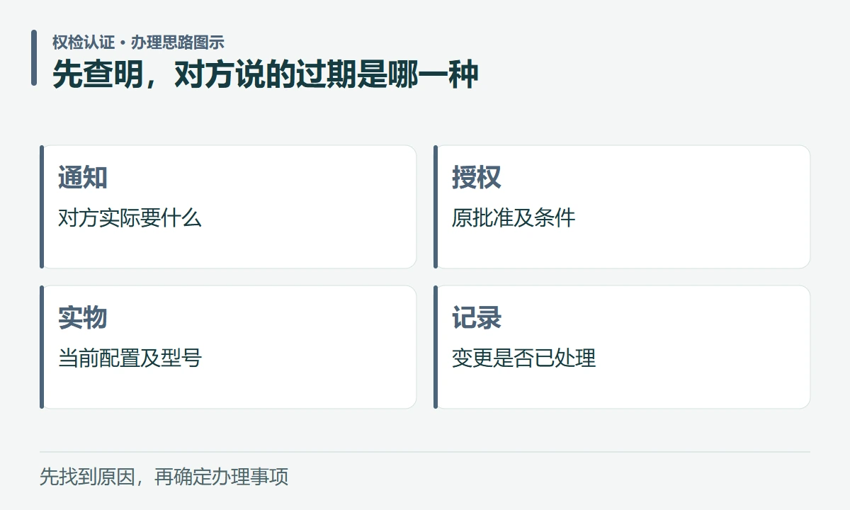 先查明,对方说的过期是哪一种:通知,对方实际要什么;授权,原批准及条件;实物,当前配置及型号;记录,变更是否已处理