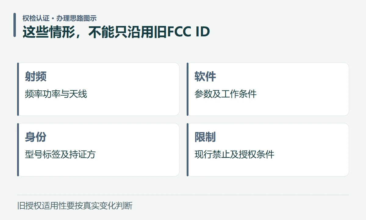 这些情形,不能只沿用旧FCC ID:射频,频率功率与天线;软件,参数及工作条件;身份,型号标签及持证方;限制,现行禁止及授权条件