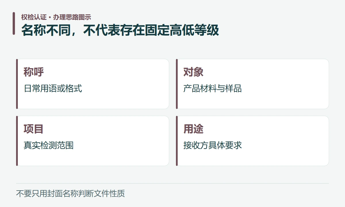 名称不同,不代表存在固定高低等级:称呼,日常用语或格式;对象,产品材料与样品;项目,真实检测范围;用途,接收方具体要求