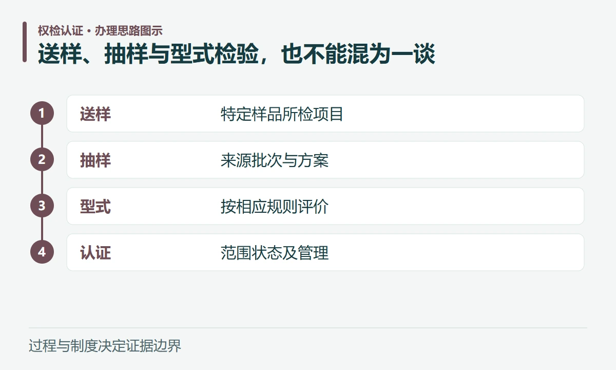 送样、抽样与型式检验,也不能混为一谈:送样,特定样品所检项目;抽样,来源批次与方案;型式,按相应规则评价;认证,范围状态及管理