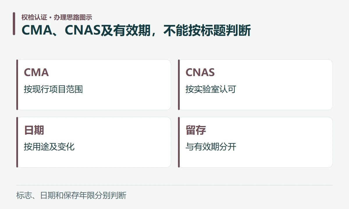 CMA、CNAS及有效期,不能按标题判断:CMA,按现行项目范围;CNAS,按实验室认可;日期,按用途及变化;留存,与有效期分开