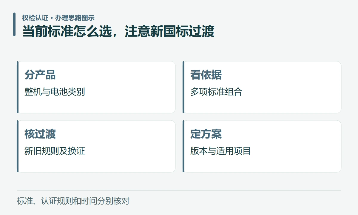 当前标准怎么选,注意新国标过渡:分产品,整机与电池类别;看依据,多项标准组合;核过渡,新旧规则及换证;定方案,版本与适用项目