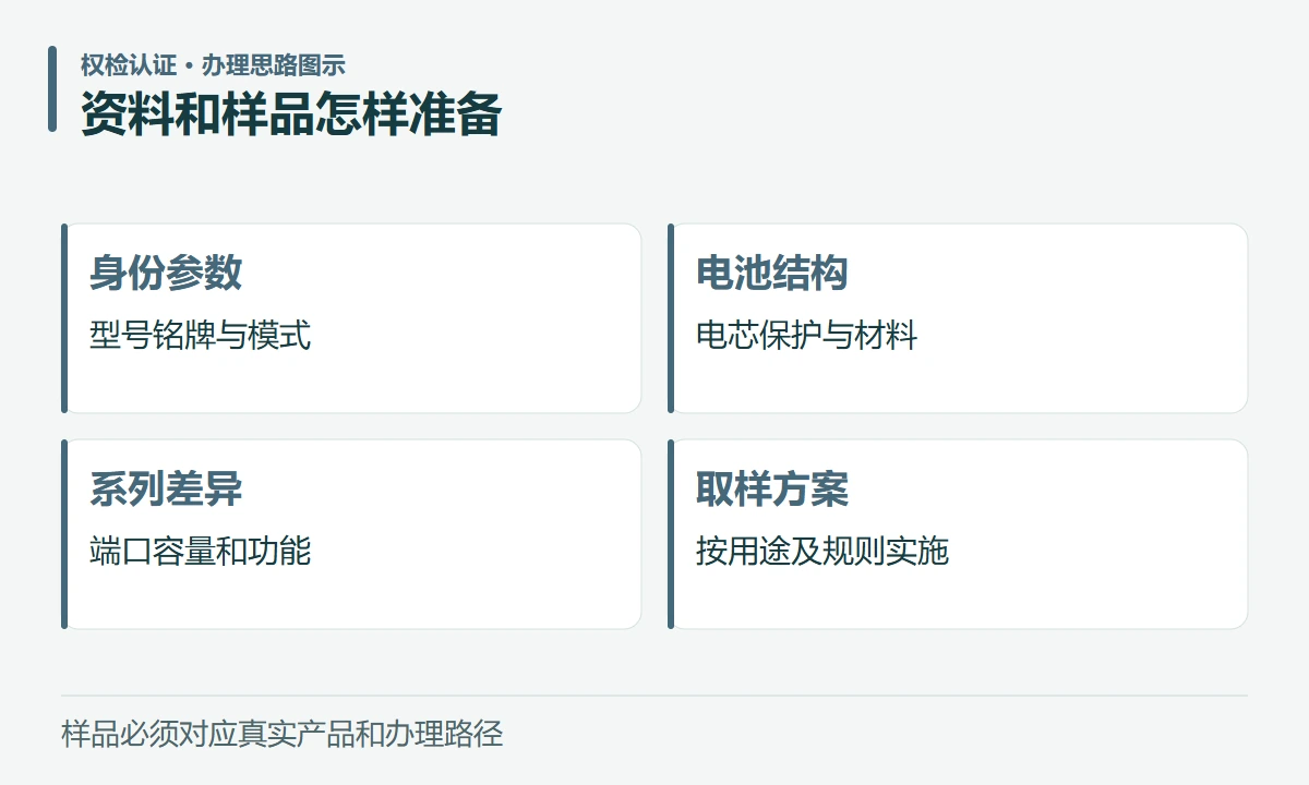 资料和样品怎样准备:身份参数,型号铭牌与模式;电池结构,电芯保护与材料;系列差异,端口容量和功能;取样方案,按用途及规则实施
