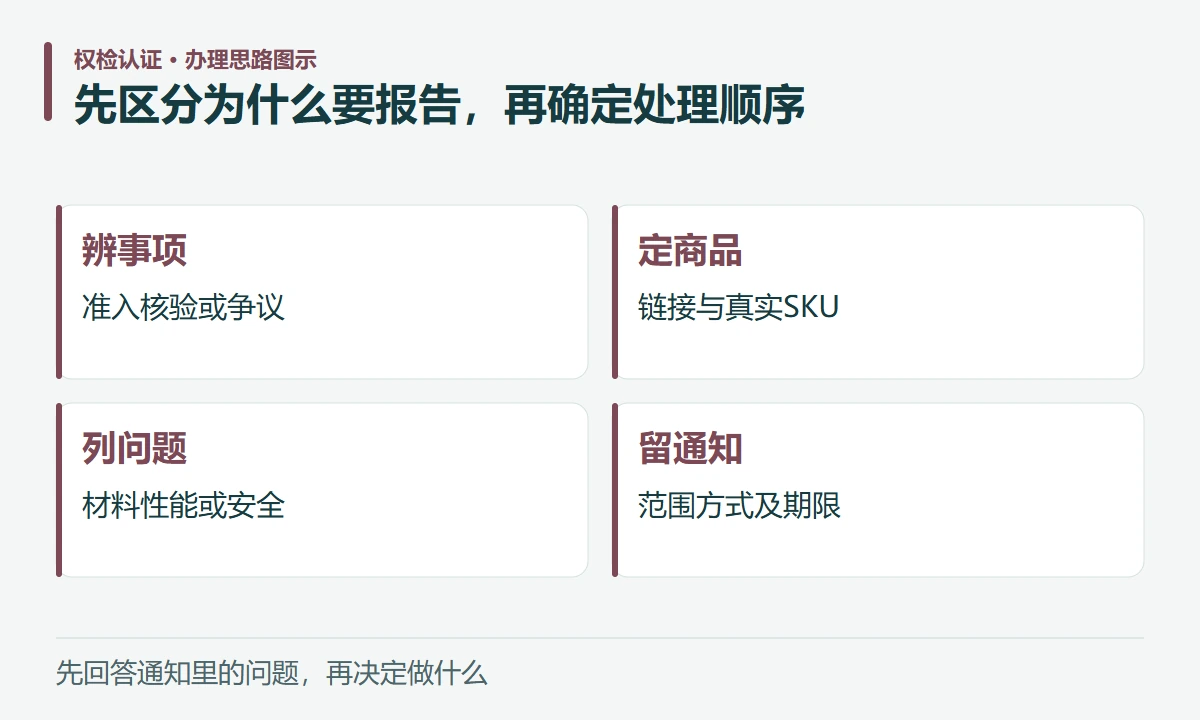 先区分为什么要报告,再确定处理顺序:辨事项,准入核验或争议;定商品,链接与真实SKU;列问题,材料性能或安全;留通知,范围方式及期限