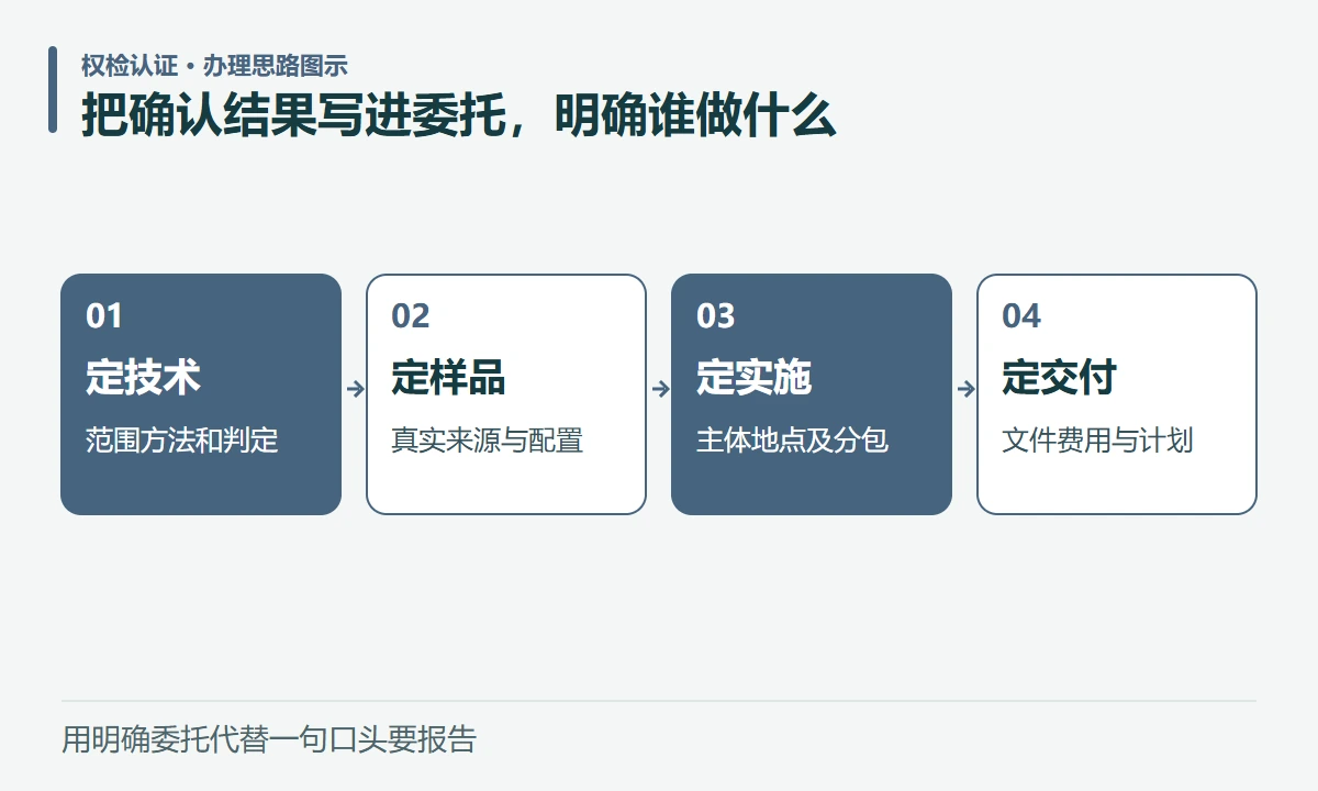 把确认结果写进委托,明确谁做什么:定技术,范围方法和判定;定样品,真实来源与配置;定实施,主体地点及分包;定交付,文件费用与计划