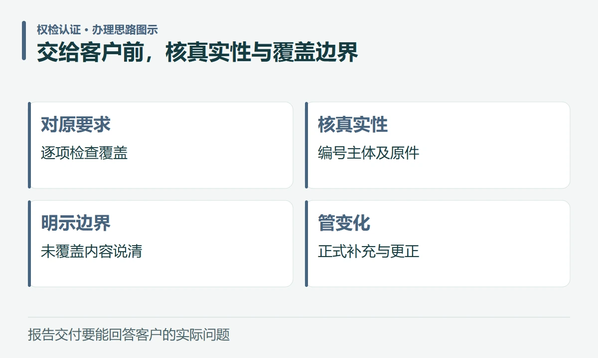 交给客户前,核真实性与覆盖边界:对原要求,逐项检查覆盖;核真实性,编号主体及原件;明示边界,未覆盖内容说清;管变化,正式补充与更正