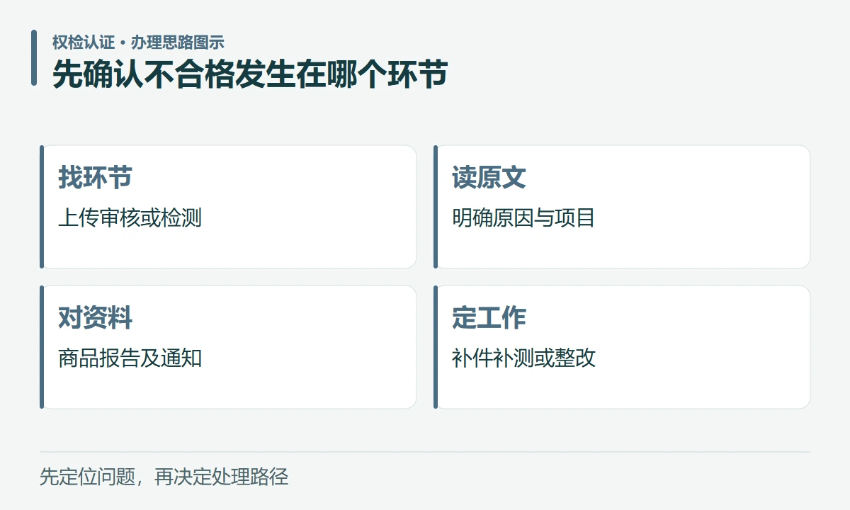 先确认不合格发生在哪个环节:找环节,上传审核或检测;读原文,明确原因与项目;对资料,商品报告及通知;定工作,补件补测或整改