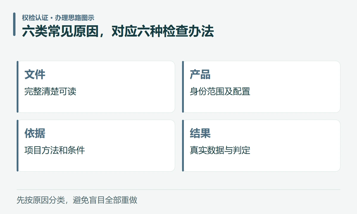 六类常见原因,对应六种检查办法:文件,完整清楚可读;产品,身份范围及配置;依据,项目方法和条件;结果,真实数据与判定