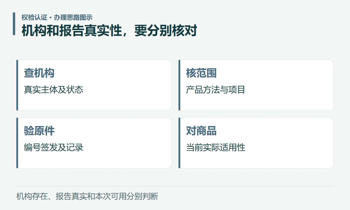 机构和报告真实性,要分别核对:查机构,真实主体及状态;核范围,产品方法与项目;验原件,编号签发及记录;对商品,当前实际适用性
