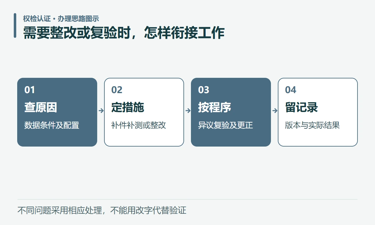 需要整改或复验时,怎样衔接工作:查原因,数据条件及配置;定措施,补件补测或整改;按程序,异议复验及更正;留记录,版本与实际结果