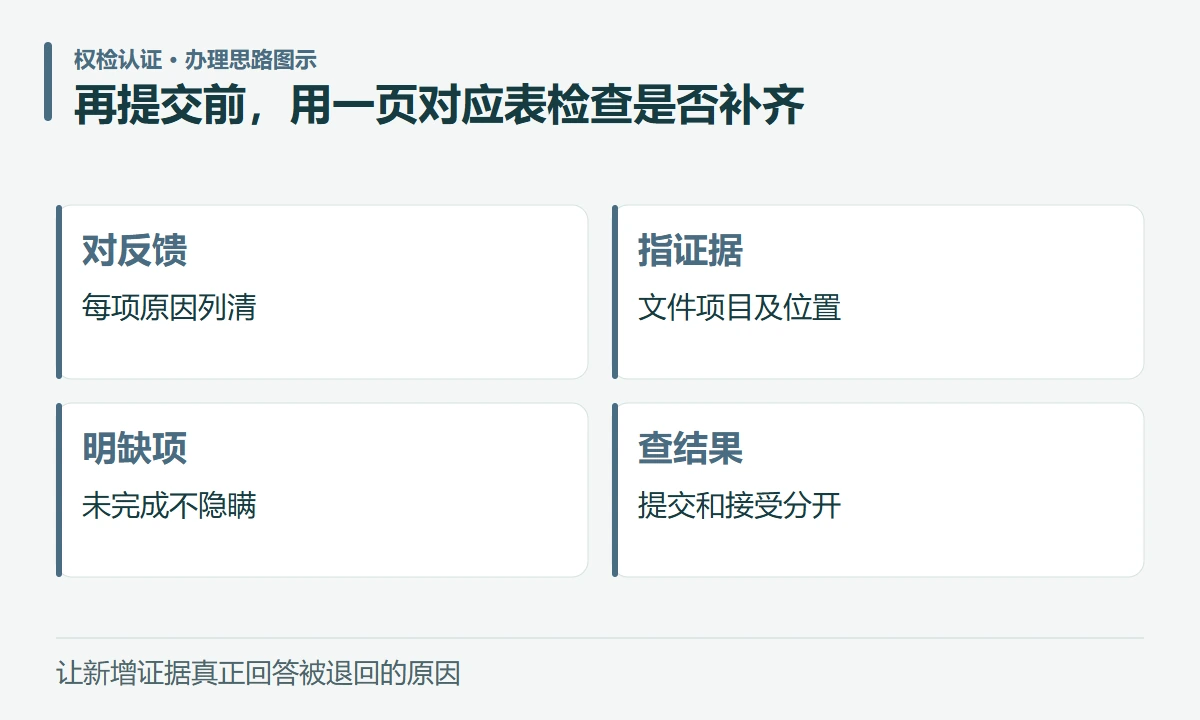 再提交前,用一页对应表检查是否补齐:对反馈,每项原因列清;指证据,文件项目及位置;明缺项,未完成不隐瞒;查结果,提交和接受分开