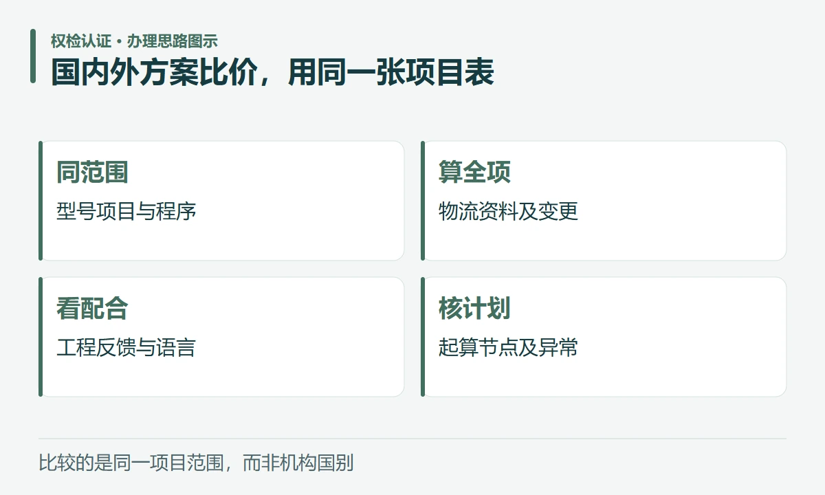 国内外方案比价,用同一张项目表:同范围,型号项目与程序;算全项,物流资料及变更;看配合,工程反馈与语言;核计划,起算节点及异常