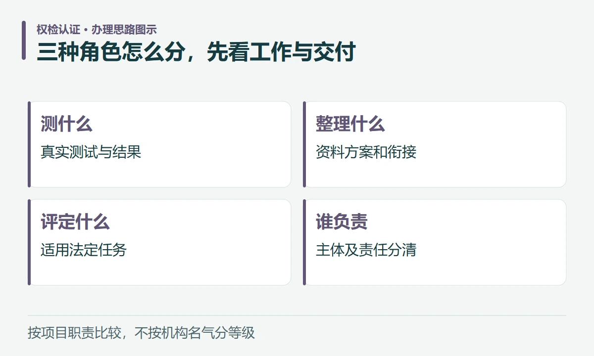 三种角色怎么分,先看工作与交付:测什么,真实测试与结果;整理什么,资料方案和衔接;评定什么,适用法定任务;谁负责,主体及责任分清