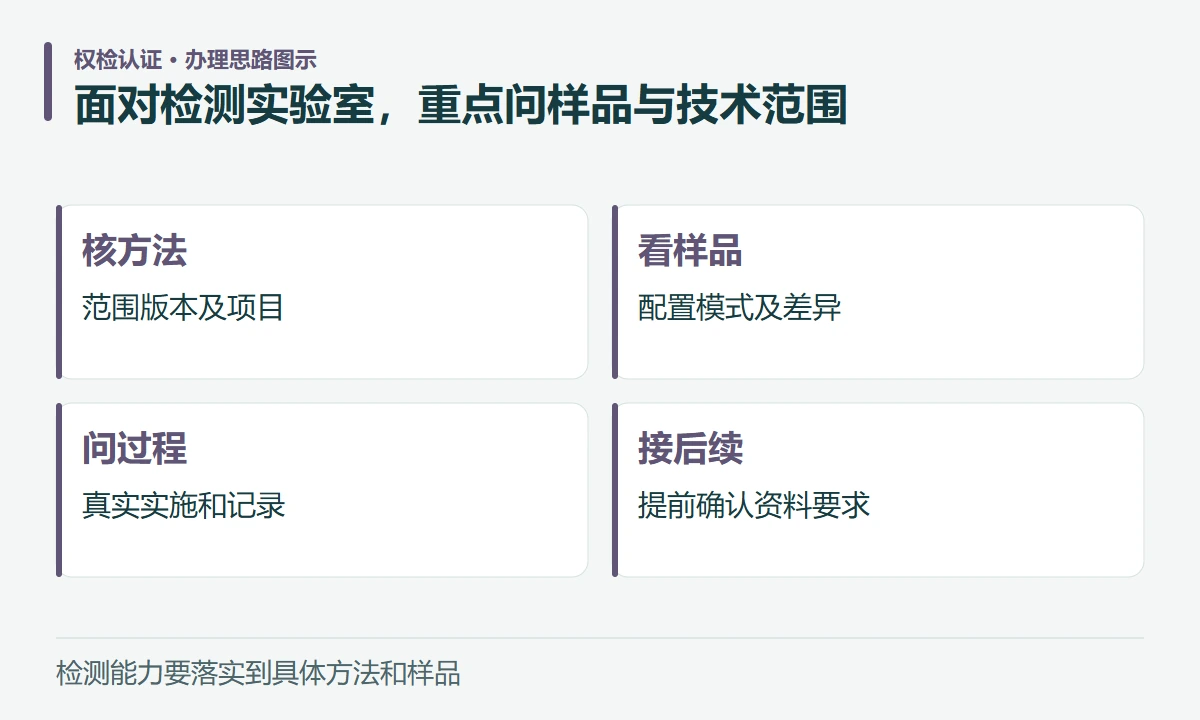 面对检测实验室,重点问样品与技术范围:核方法,范围版本及项目;看样品,配置模式及差异;问过程,真实实施和记录;接后续,提前确认资料要求