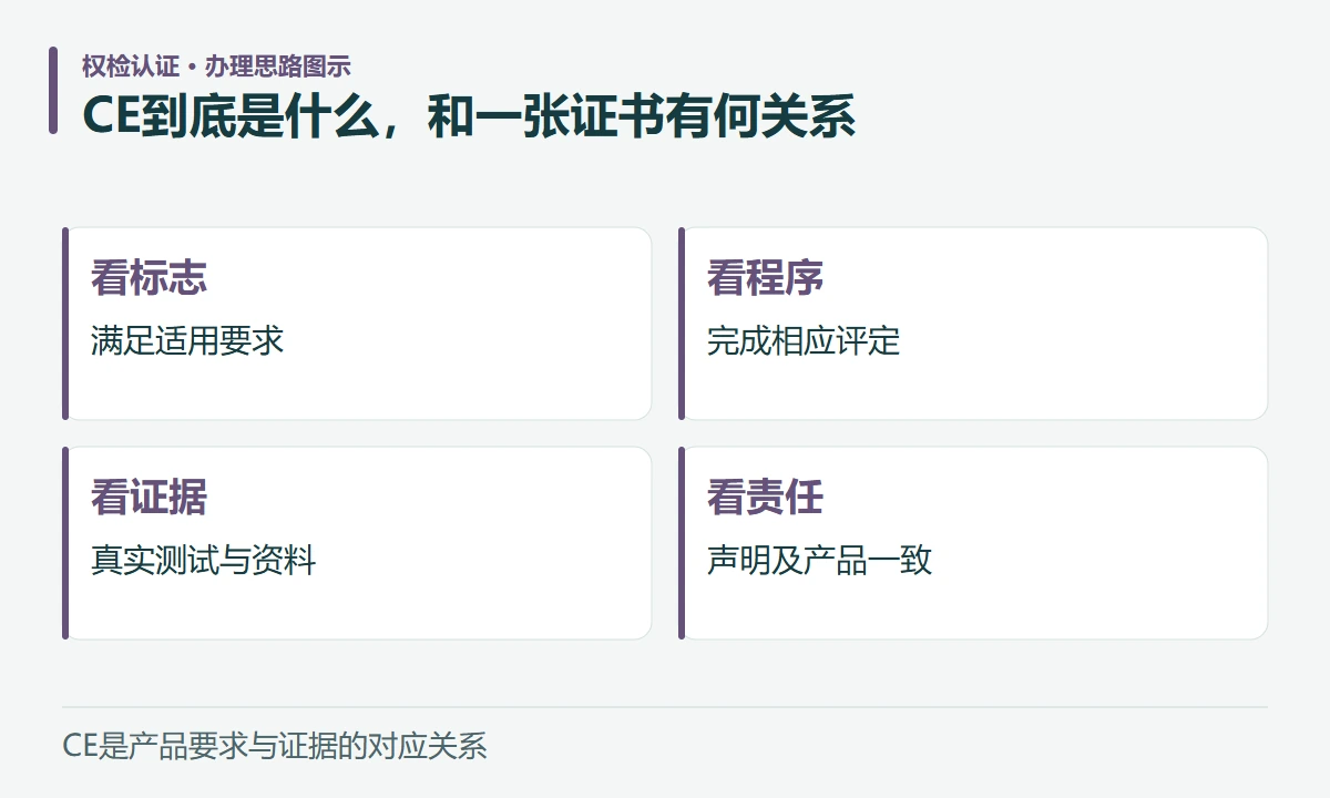 CE到底是什么,和一张证书有何关系:看标志,满足适用要求;看程序,完成相应评定;看证据,真实测试与资料;看责任,声明及产品一致