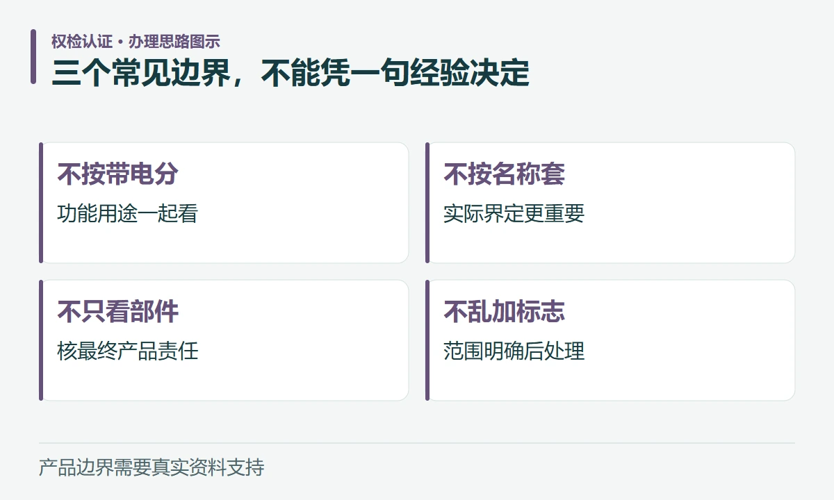 三个常见边界,不能凭一句经验决定:不按带电分,功能用途一起看;不按名称套,实际界定更重要;不只看部件,核最终产品责任;不乱加标志,范围明确后处理