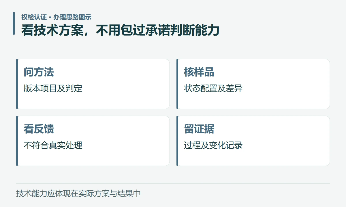 看技术方案,不用包过承诺判断能力:问方法,版本项目及判定;核样品,状态配置及差异;看反馈,不符合真实处理;留证据,过程及变化记录