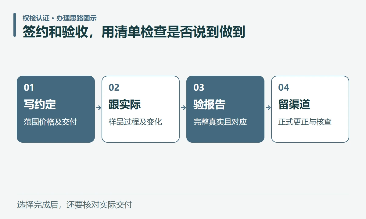 签约和验收,用清单检查是否说到做到:写约定,范围价格及交付;跟实际,样品过程及变化;验报告,完整真实且对应;留渠道,正式更正与核查