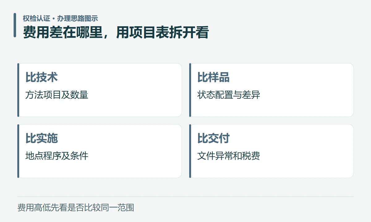 费用差在哪里,用项目表拆开看:比技术,方法项目及数量;比样品,状态配置与差异;比实施,地点程序及条件;比交付,文件异常和税费