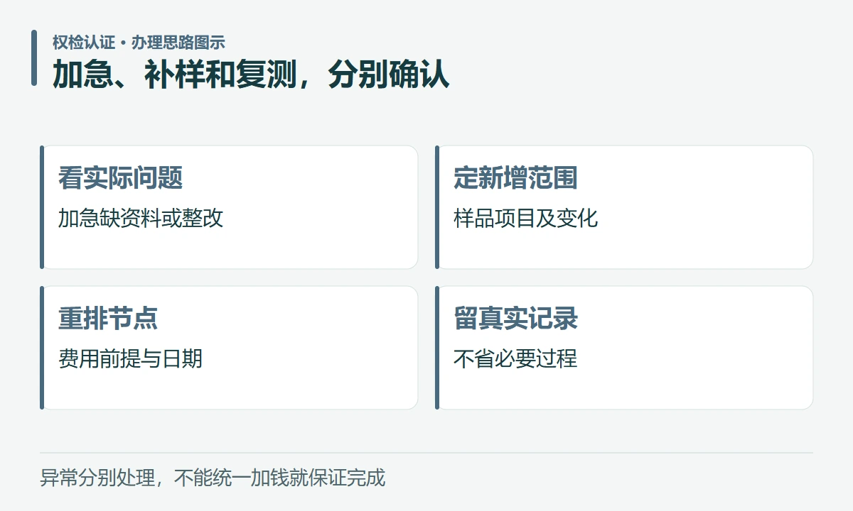 加急、补样和复测,分别确认:看实际问题,加急缺资料或整改;定新增范围,样品项目及变化;重排节点,费用前提与日期;留真实记录,不省必要过程