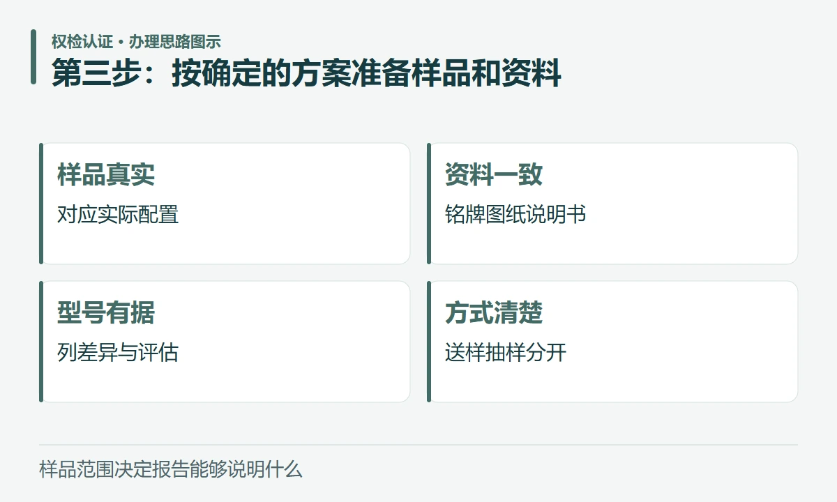 第三步:按确定的方案准备样品和资料:样品真实,对应实际配置;资料一致,铭牌图纸说明书;型号有据,列差异与评估;方式清楚,送样抽样分开