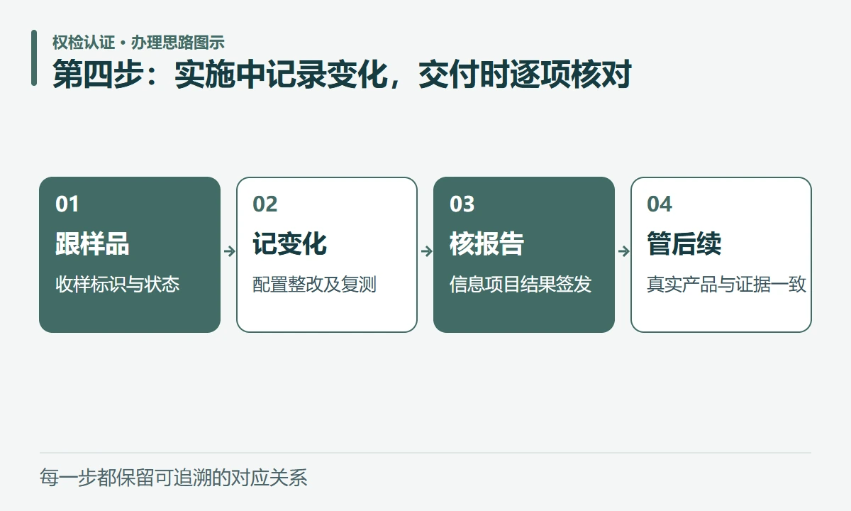第四步:实施中记录变化,交付时逐项核对:跟样品,收样标识与状态;记变化,配置整改及复测;核报告,信息项目结果签发;管后续,真实产品与证据一致