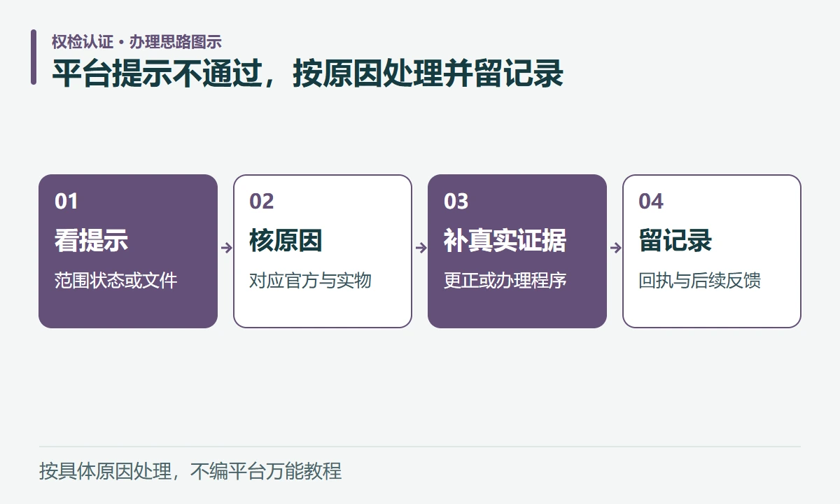 平台提示不通过,按原因处理并留记录:看提示,范围状态或文件;核原因,对应官方与实物;补真实证据,更正或办理程序;留记录,回执与后续反馈
