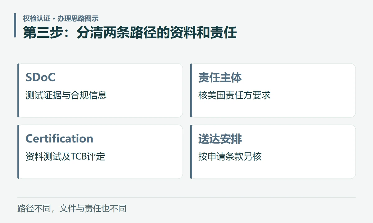 第三步:分清两条路径的资料和责任:SDoC,测试证据与合规信息;责任主体,核美国责任方要求;Certification,资料测试及TCB评定;送达安排,按申请条款另核