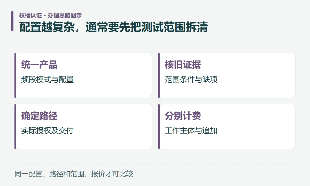 配置越复杂,通常要先把测试范围拆清:统一产品,频段模式与配置;核旧证据,范围条件与缺项;确定路径,实际授权及交付;分别计费,工作主体与追加
