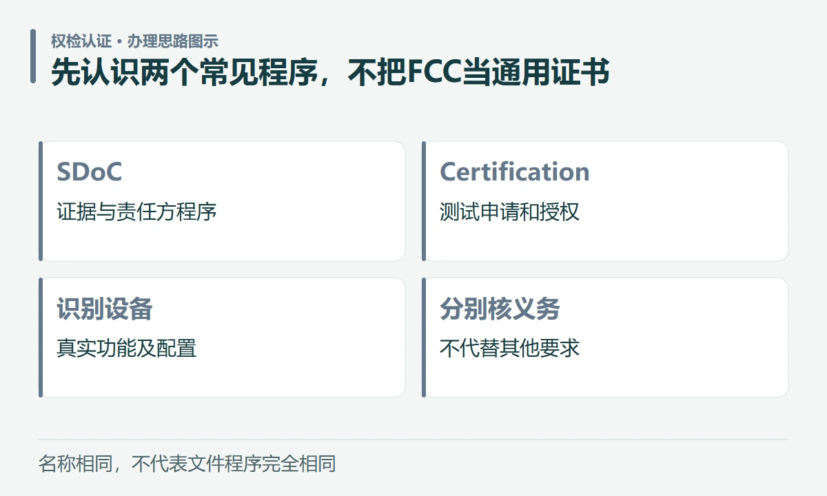 先认识两个常见程序,不把FCC当通用证书:SDoC,证据与责任方程序;Certification,测试申请和授权;识别设备,真实功能及配置;分别核义务,不代替其他要求