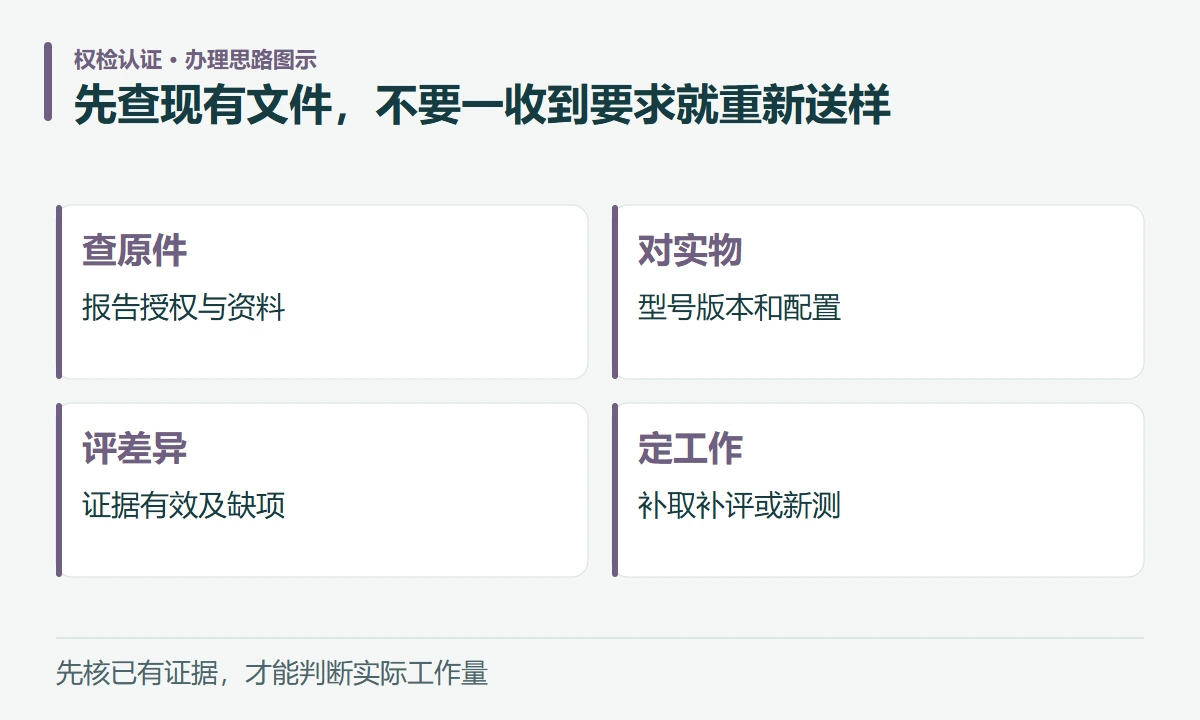 先查现有文件,不要一收到要求就重新送样:查原件,报告授权与资料;对实物,型号版本和配置;评差异,证据有效及缺项;定工作,补取补评或新测