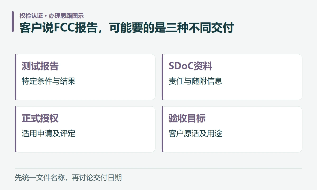 客户说FCC报告,可能要的是三种不同交付:测试报告,特定条件与结果;SDoC资料,责任与随附信息;正式授权,适用申请及评定;验收目标,客户原话及用途