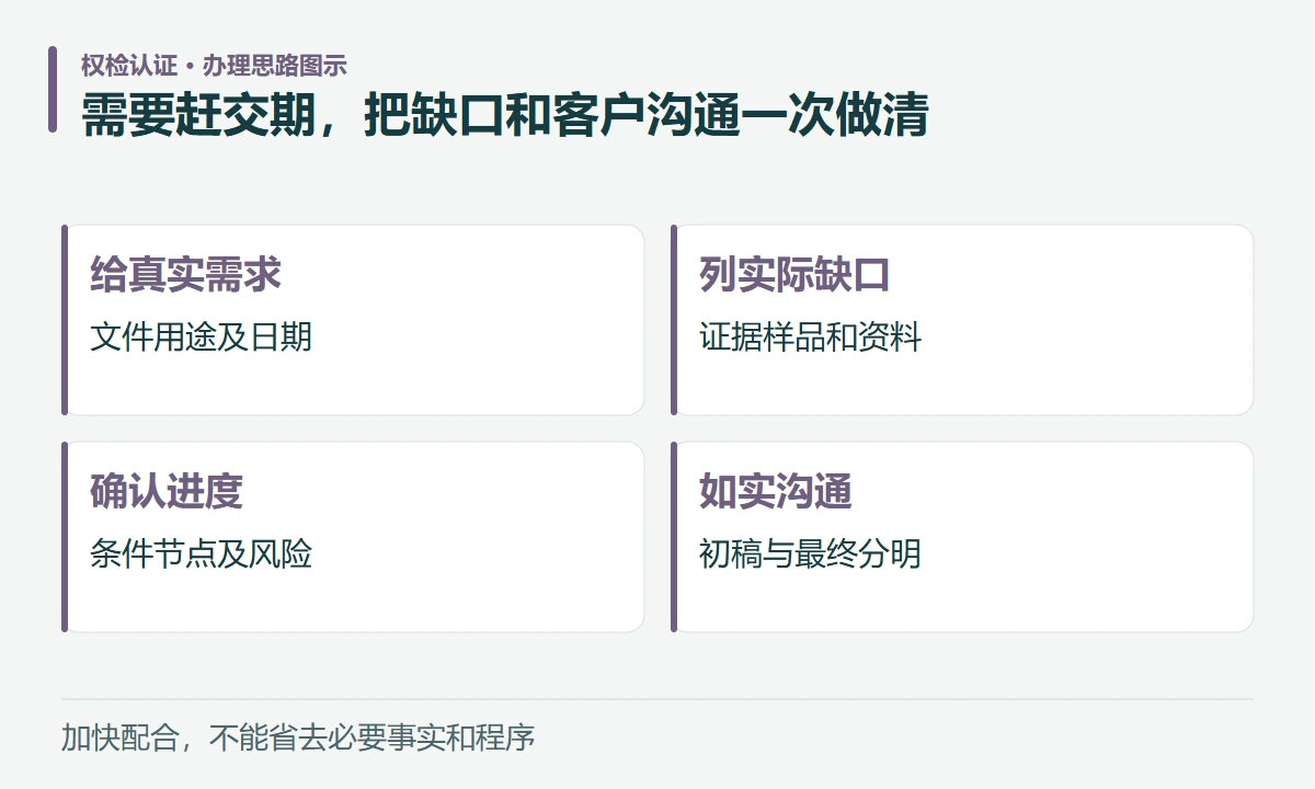 需要赶交期,把缺口和客户沟通一次做清:给真实需求,文件用途及日期;列实际缺口,证据样品和资料;确认进度,条件节点及风险;如实沟通,初稿与最终分明