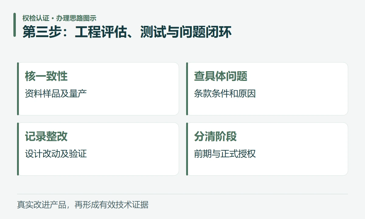 第三步:工程评估、测试与问题闭环:核一致性,资料样品及量产;查具体问题,条款条件和原因;记录整改,设计改动及验证;分清阶段,前期与正式授权