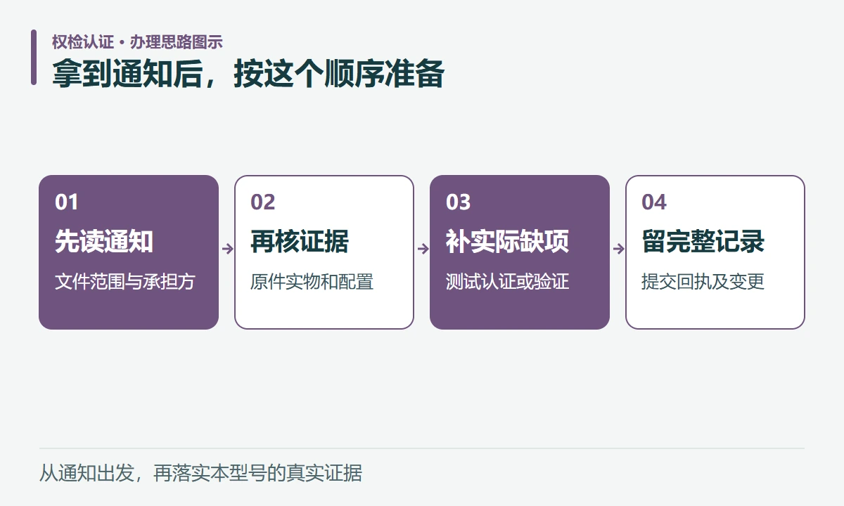 拿到通知后,按这个顺序准备:先读通知,文件范围与承担方;再核证据,原件实物和配置;补实际缺项,测试认证或验证;留完整记录,提交回执及变更
